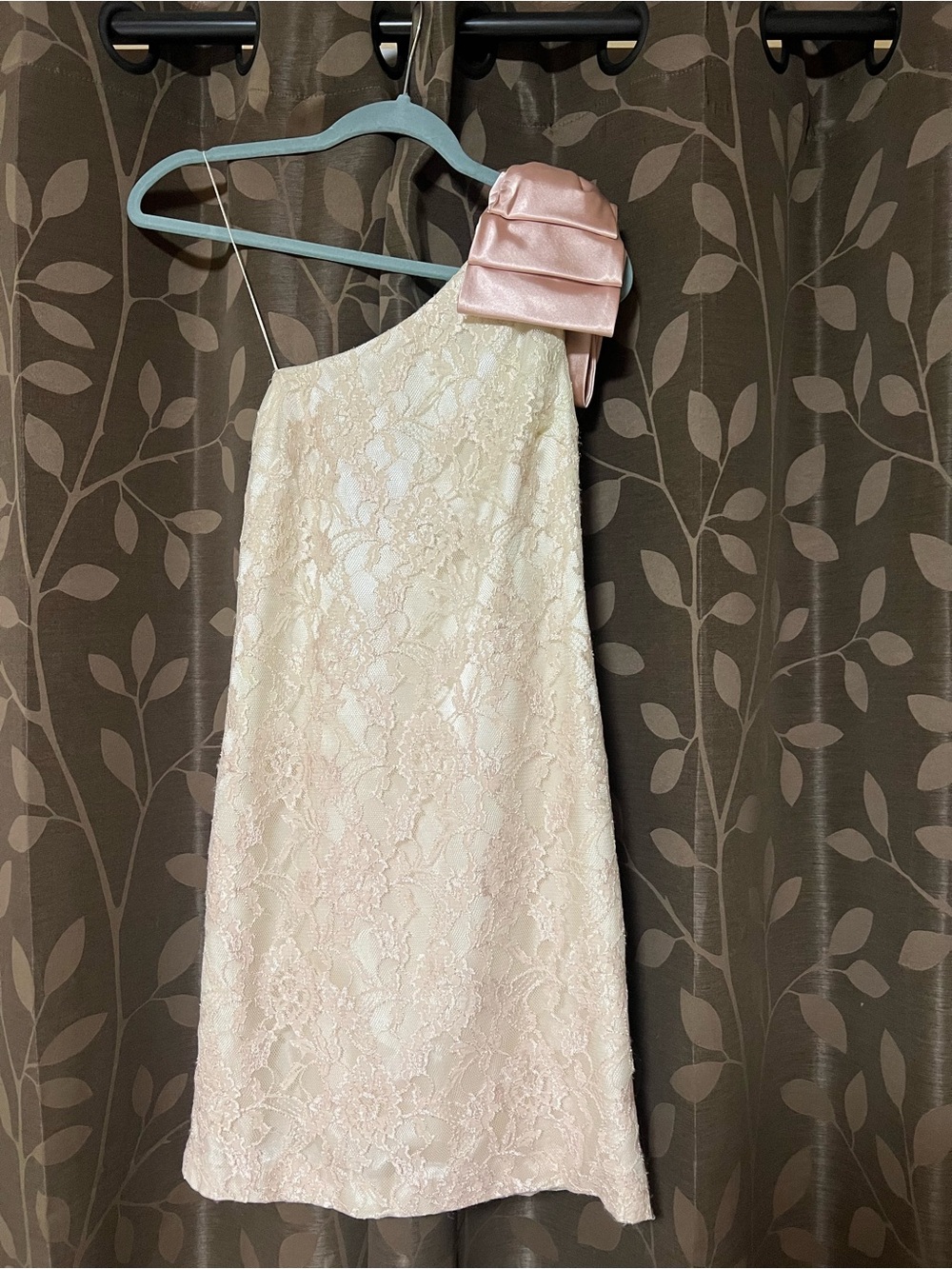 Aqua Cream Lace One-Shoulder Dress with Pink Satin Bow